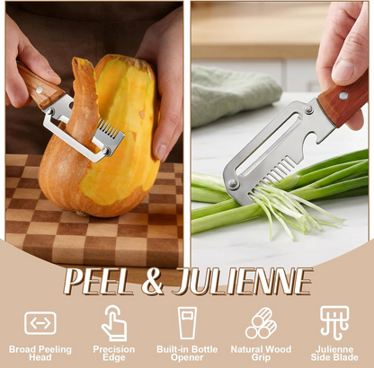 Wide Blade Vegetable Peeler with Wooden Handle and Julienne Edge, 3-in-1 Function