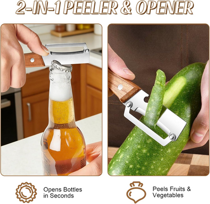 Wide Blade Vegetable Peeler with Wooden Handle and Julienne Edge, 3-in-1 Function