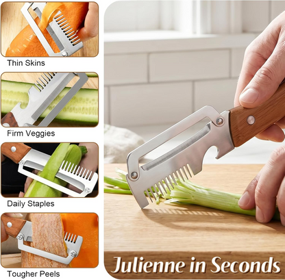 Wide Blade Vegetable Peeler with Wooden Handle and Julienne Edge, 3-in-1 Function