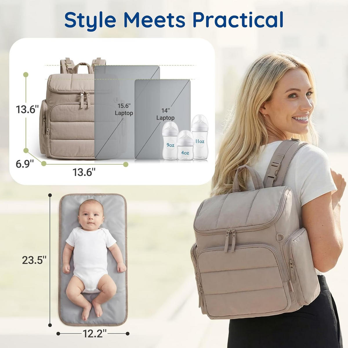 Diaper Bag Backpack with Insulated Bottle Pockets and Stroller Attachment Straps, Wide Top Opening
