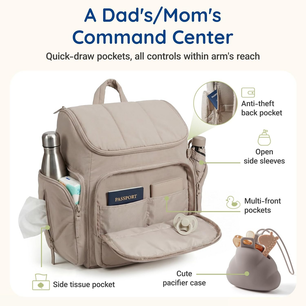 Diaper Bag Backpack with Insulated Bottle Pockets and Stroller Attachment Straps, Wide Top Opening
