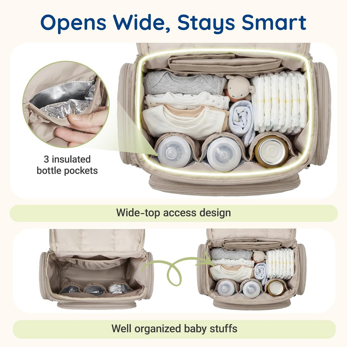 Diaper Bag Backpack with Insulated Bottle Pockets and Stroller Attachment Straps, Wide Top Opening
