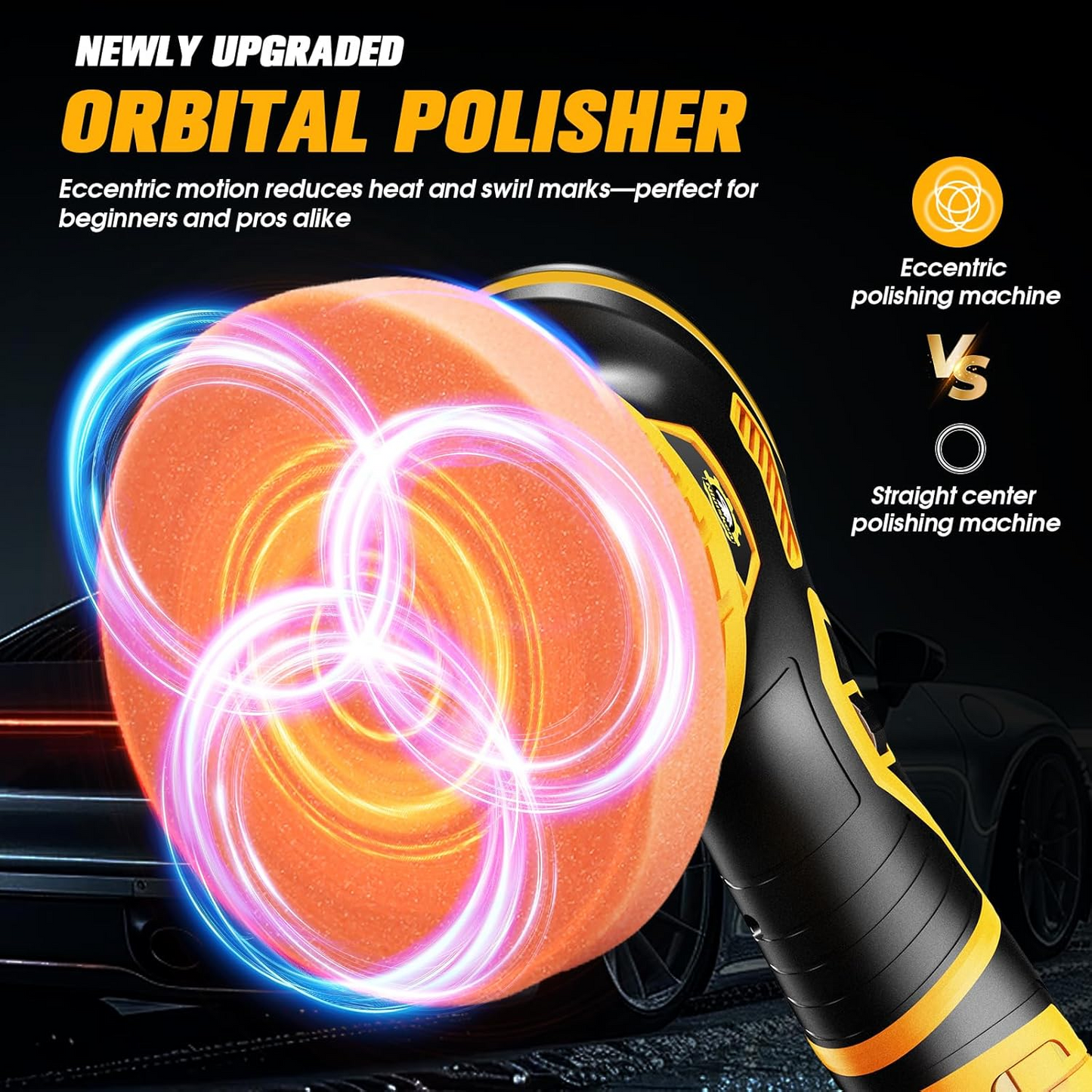 Battery Powered Orbital Buffer for Auto Paint Correction with Multiple Foam Pads