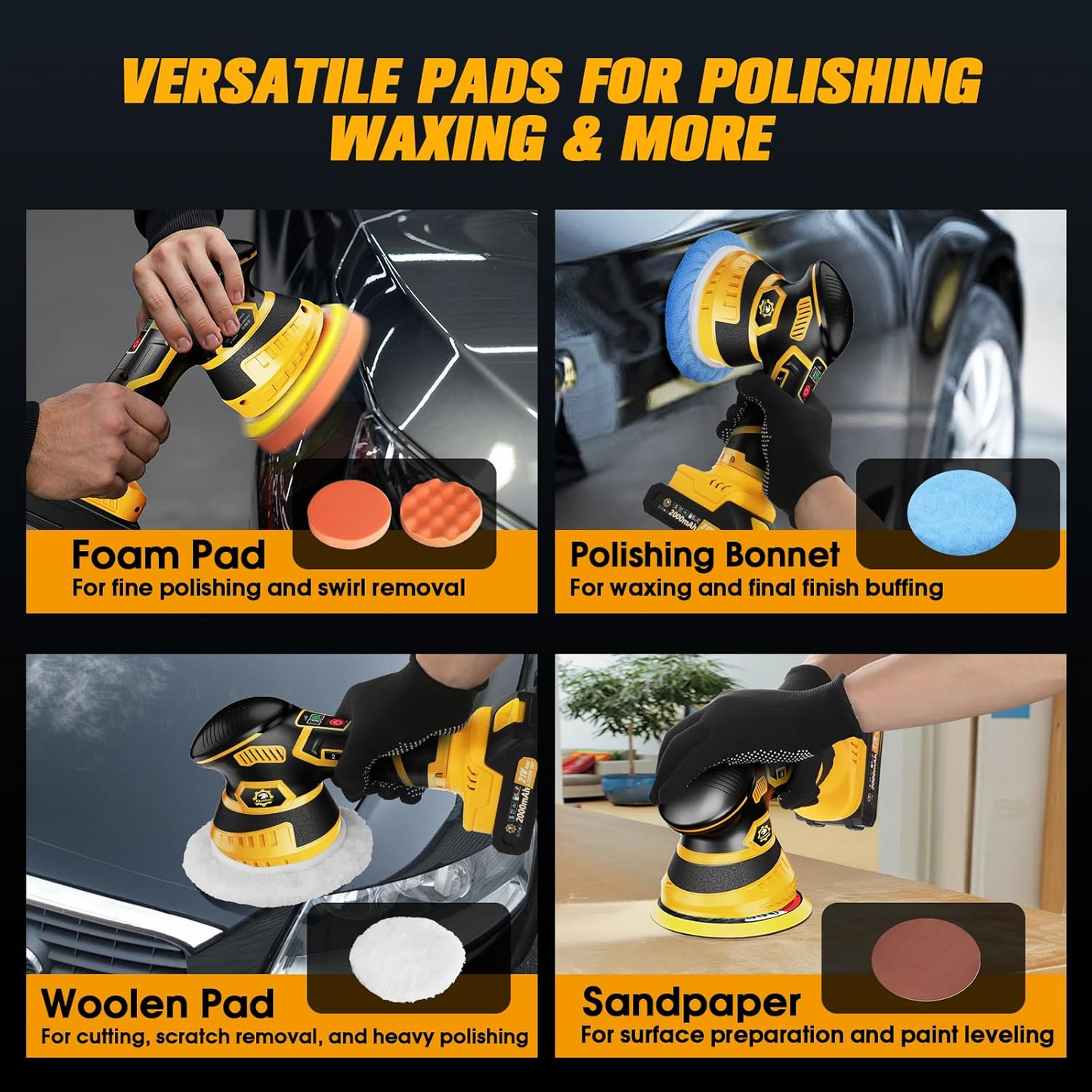 Battery Powered Orbital Buffer for Auto Paint Correction with Multiple Foam Pads