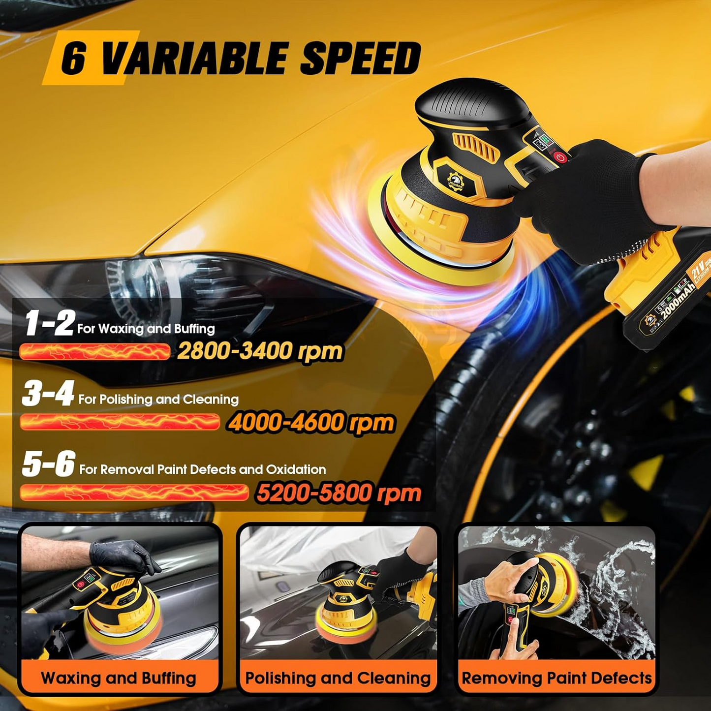 Battery Powered Orbital Buffer for Auto Paint Correction with Multiple Foam Pads