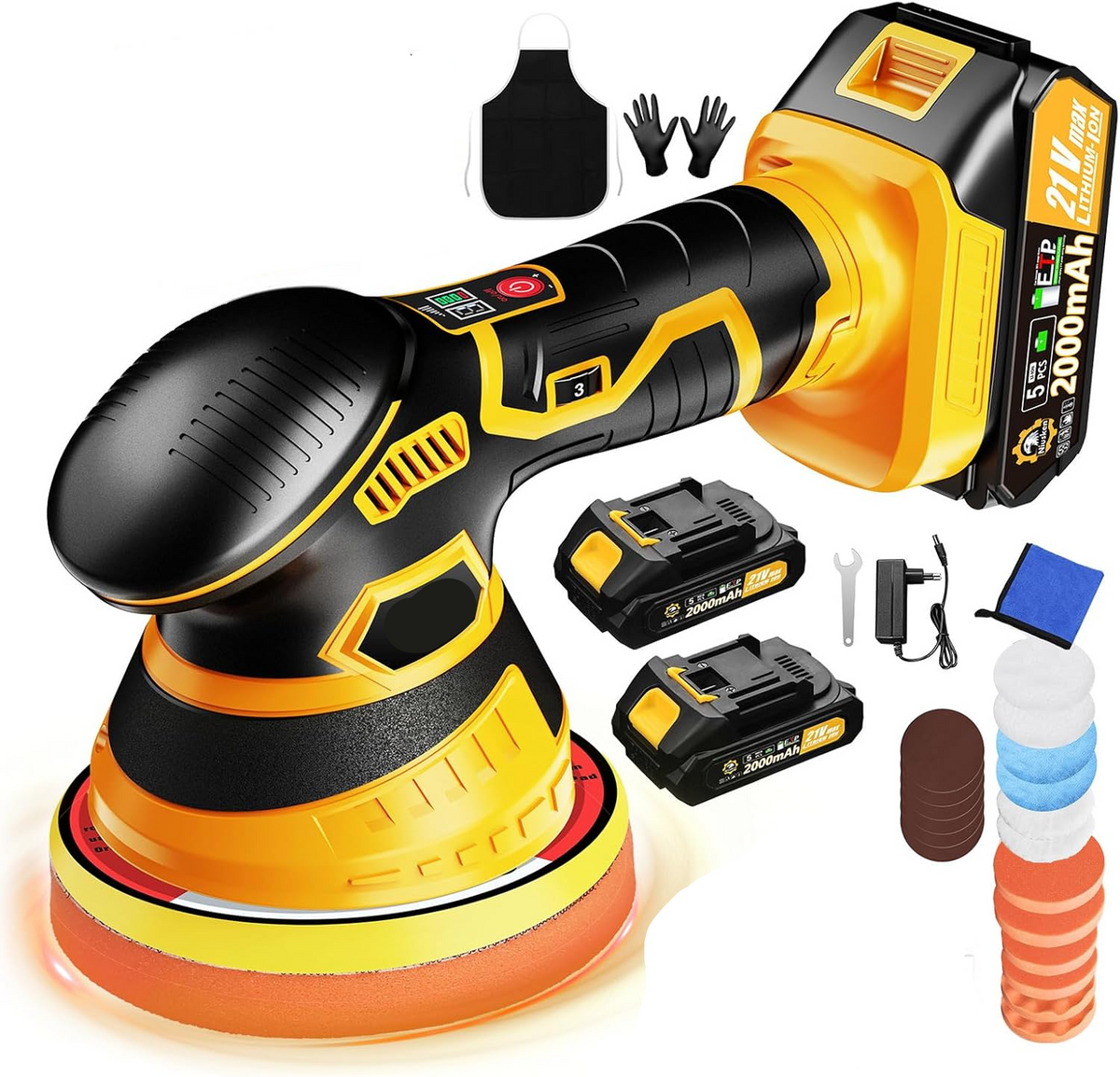 Cordless Orbital Buffer Polisher with Variable Speed and Multiple Foam Pads, Rechargeable Battery Kit