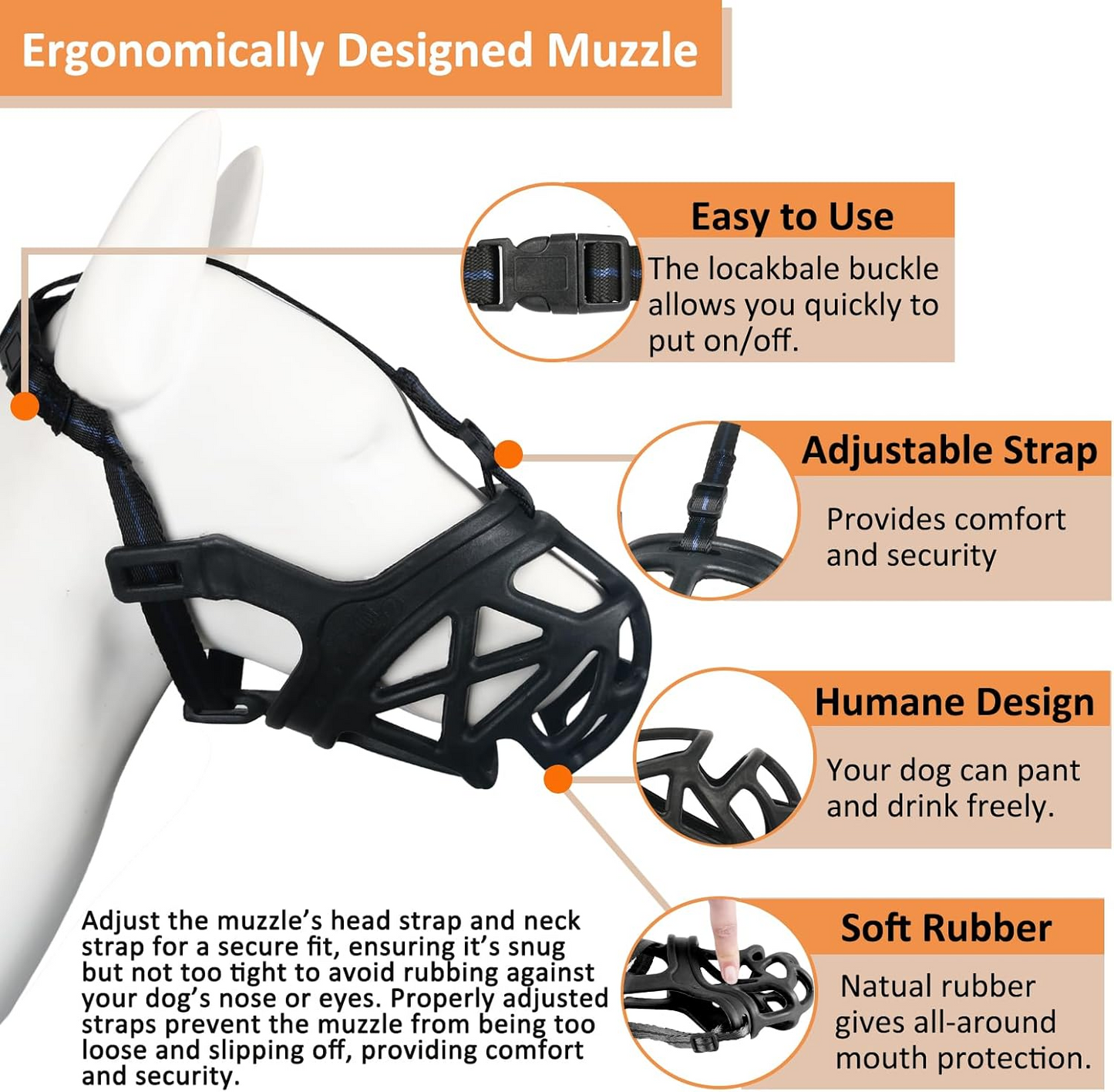 Basket Dog Muzzle for Reactive Dogs with Adjustable Straps and Sizing Chart, Medium