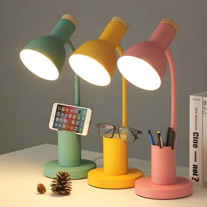 Adjustable Desk Lamp with Swivel Head and Built-In Pen Holder, Iron Base