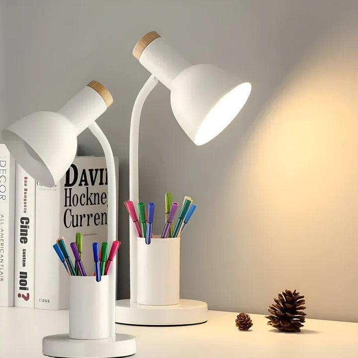 Adjustable Desk Lamp with Swivel Head and Built-In Pen Holder, Iron Base