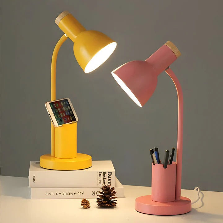 Adjustable Desk Lamp with Swivel Head and Built-In Pen Holder, Iron Base