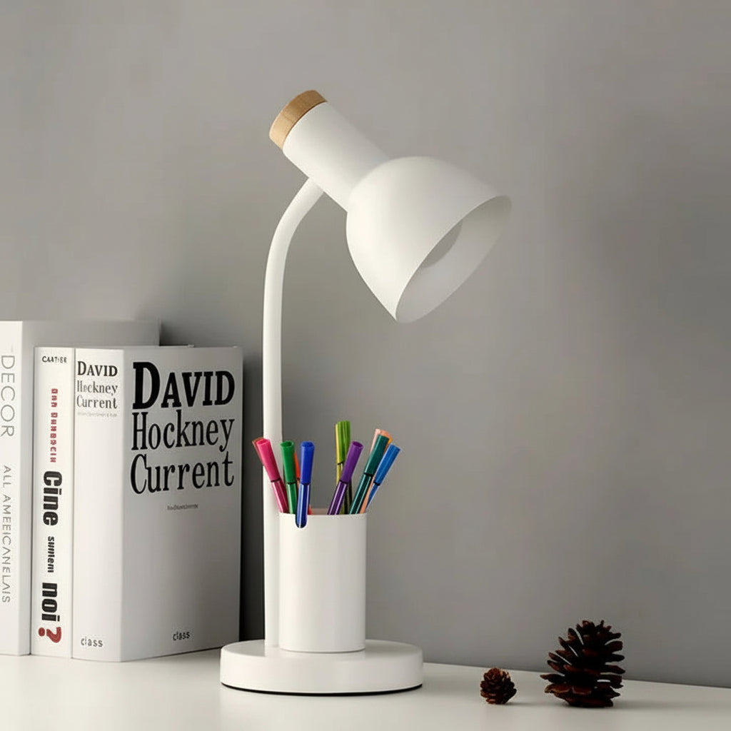 Adjustable Desk Lamp with Swivel Head and Built-In Pen Holder, Iron Base