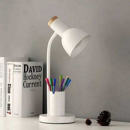 Adjustable Desk Lamp with Swivel Head and Built-In Pen Holder, Iron Base
