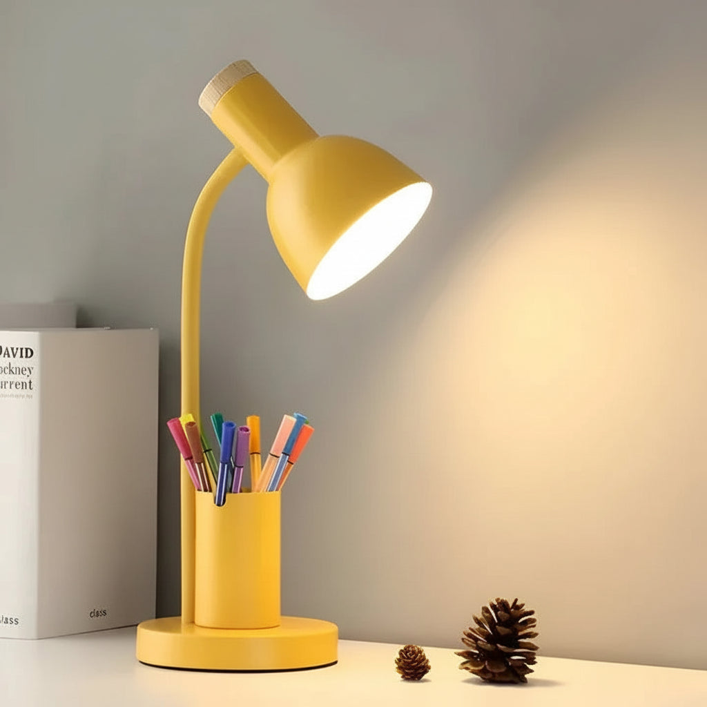 Adjustable Desk Lamp with Swivel Head and Built-In Pen Holder, Iron Base
