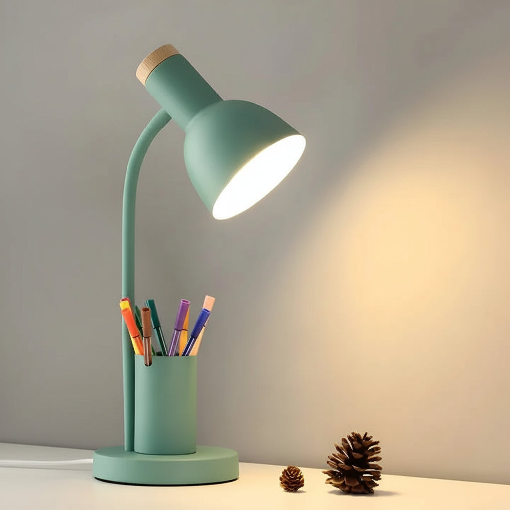 Adjustable Desk Lamp with Swivel Head and Built-In Pen Holder, Iron Base
