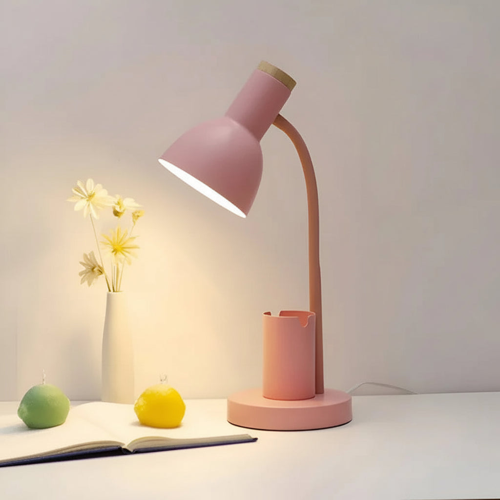 Adjustable Desk Lamp with Swivel Head and Built-In Pen Holder, Iron Base