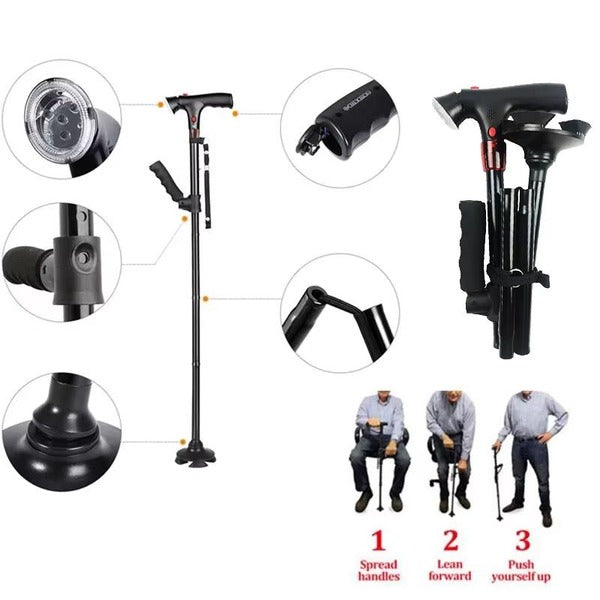 Collapsible Height Adjustable Mobility Cane with Integrated Light and Emergency Alert