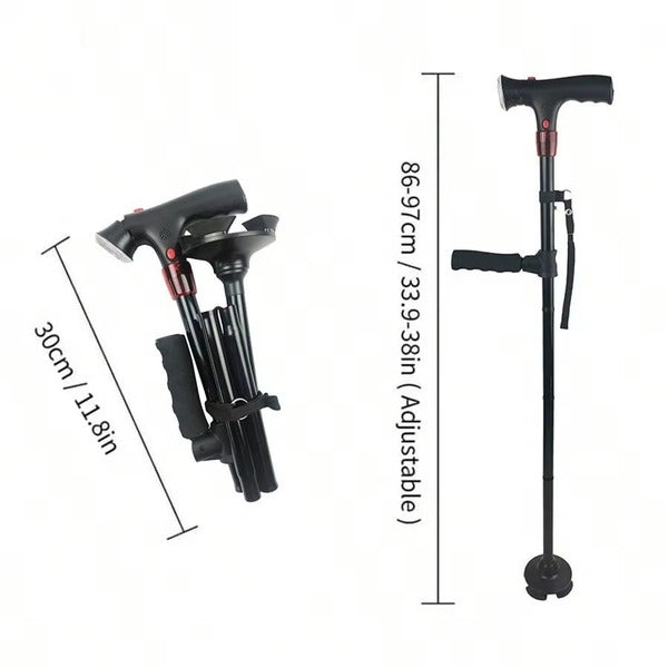 Collapsible Height Adjustable Mobility Cane with Integrated Light and Emergency Alert