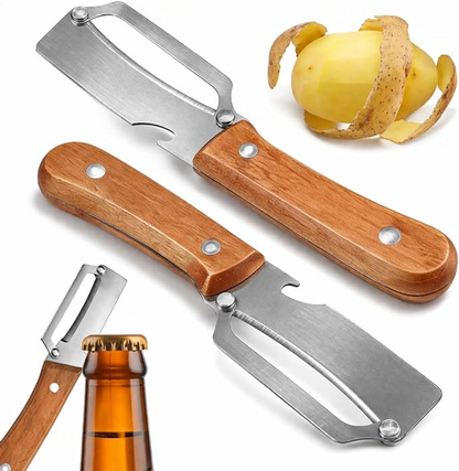 Wide Blade Vegetable Peeler with Wooden Handle and Julienne Edge, 3-in-1 Function