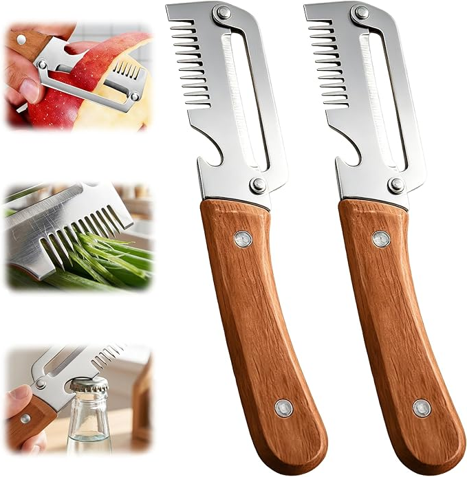Wide Blade Vegetable Peeler with Wooden Handle and Julienne Edge, 3-in-1 Function