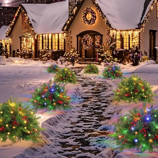 LED Urn Filler with 35 Warm White Lights and Evergreen Branches, 18in Base
