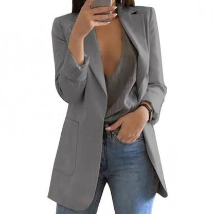 Women's Long Wool Blazer with Open Front Design and Tailored Fit