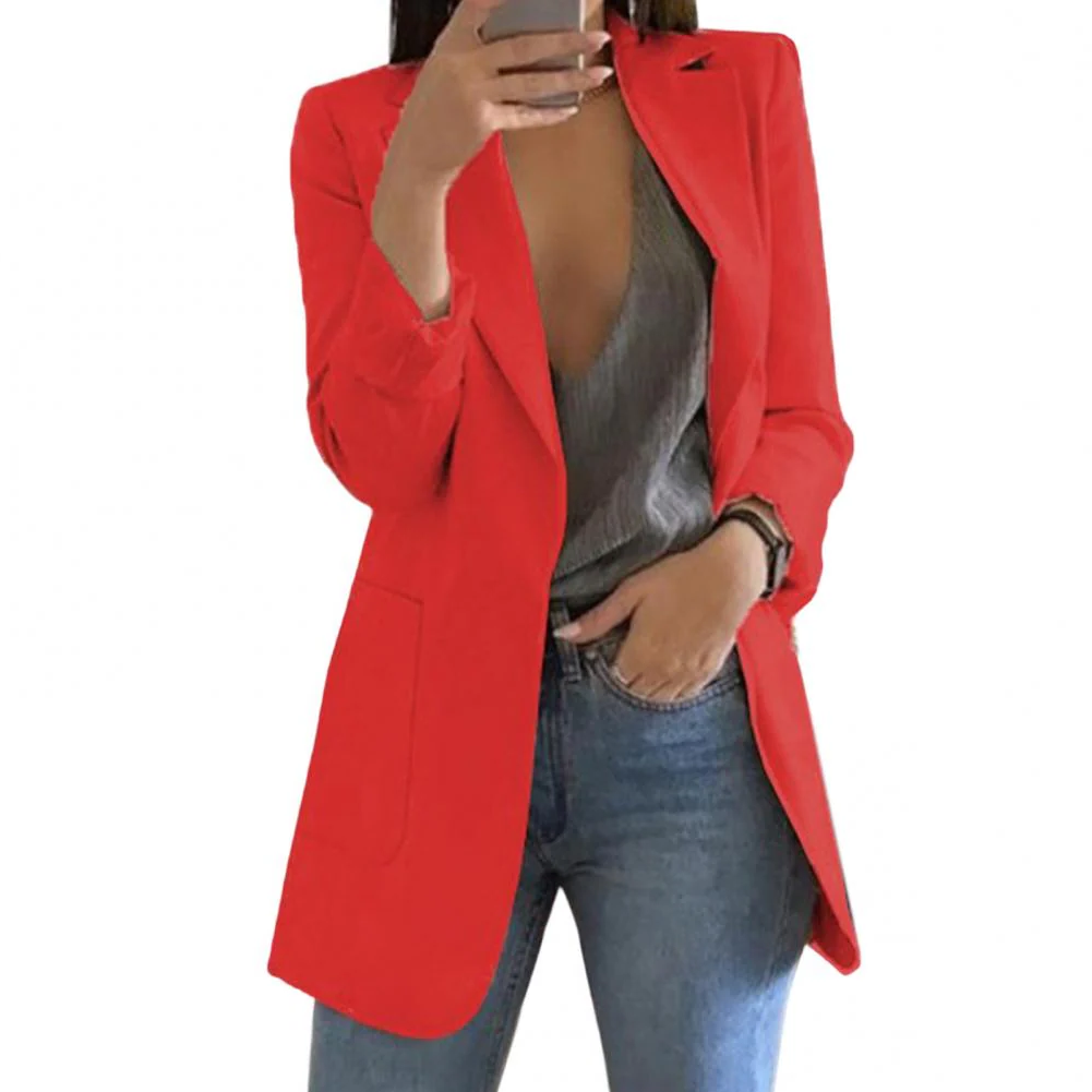 Women's Long Wool Blazer with Open Front Design and Tailored Fit