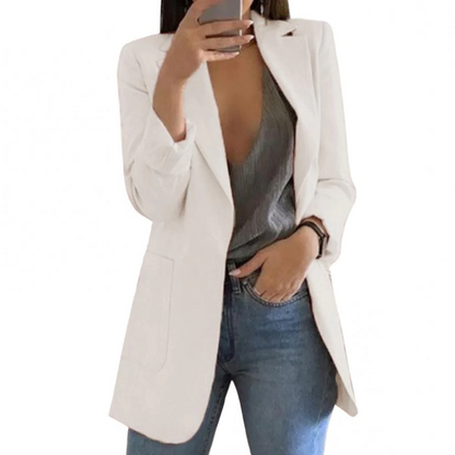 Women's Long Wool Blazer with Open Front Design and Tailored Fit