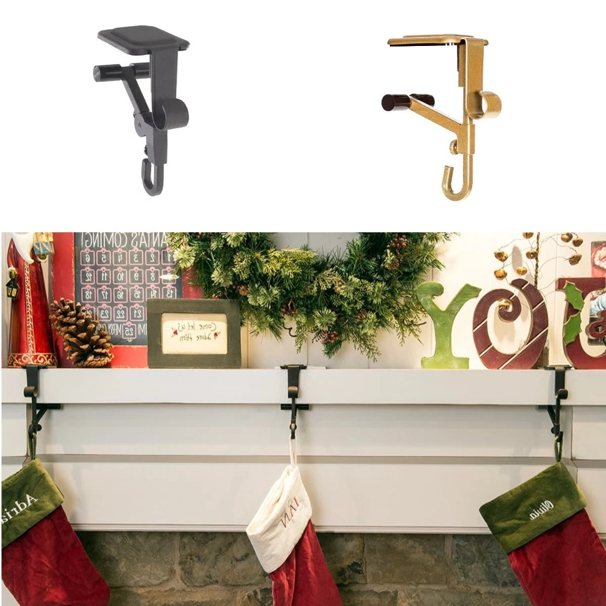 Dual Hook Mantle Stocking Holder with Adjustable Rod and Rubber Pads