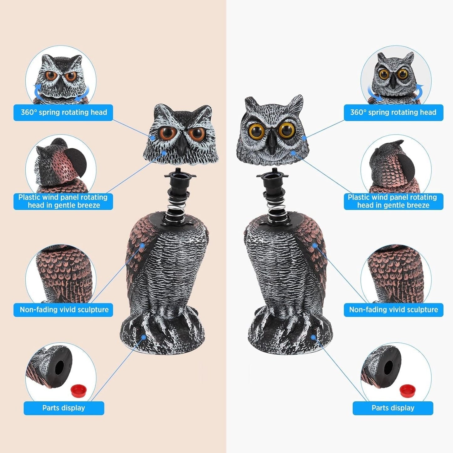 Wind-Activated Owl Decoy Set with Rotating Head and Fillable Base, 2-Pack