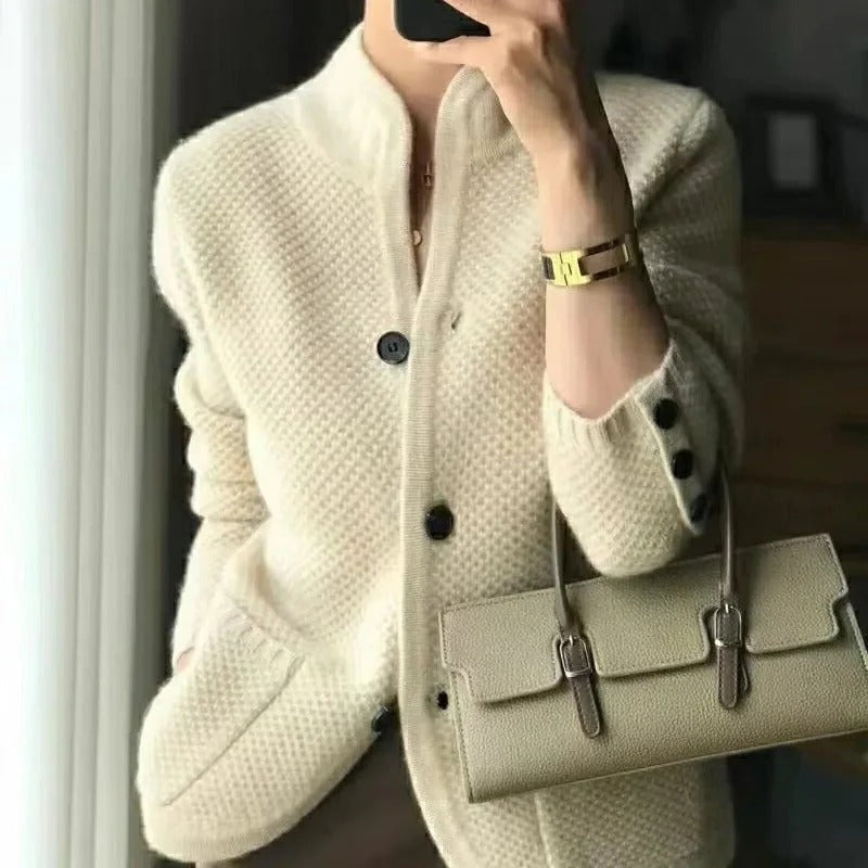 Insulated Sweater Jacket with Thick Knit and High Collar, Front Pockets