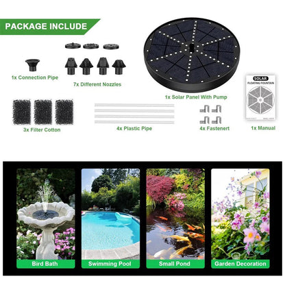 Floating Solar Fountain with 60 Color-Changing LEDs and 7 Interchangeable Nozzles