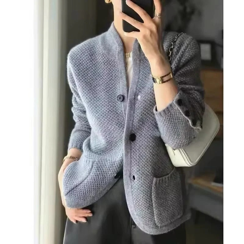 Insulated Sweater Jacket with Thick Knit and High Collar, Front Pockets