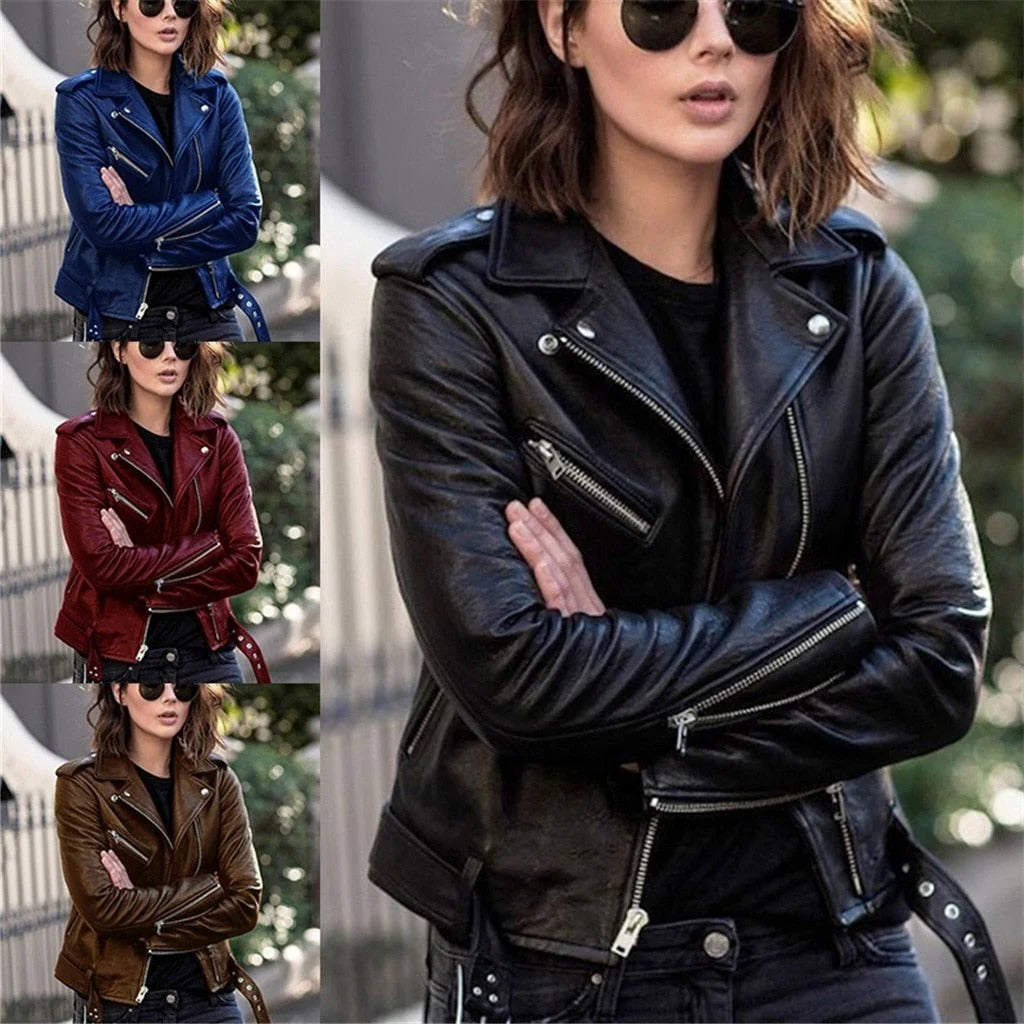 Motorcycle Leather Jacket with Diagonal Zipper and Snap Collar, Adjustable Cuffs