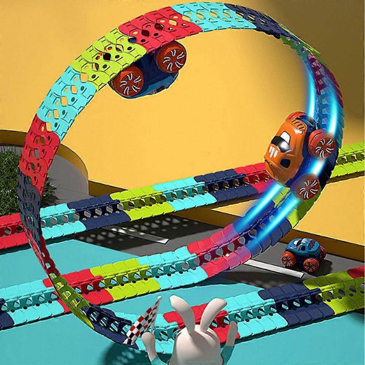 Flexible Race Track Set with LED Lights and Anti Tip Car for Kids