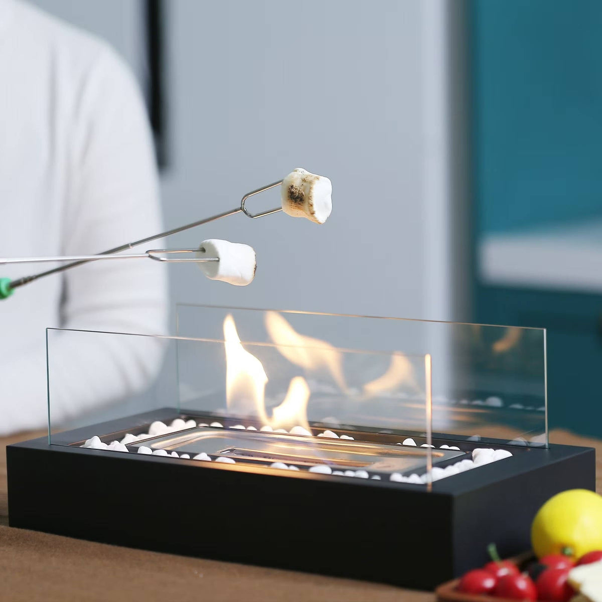 Tabletop Bio Ethanol Fireplace, Portable Rectangular Fire Pit with Dual Glass Wind Guard for Indoor Patio and Balcony