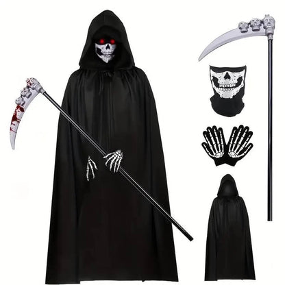 Grim Reaper Costume with Glowing Red Eyes and Skeleton Gloves, Three Piece Scythe