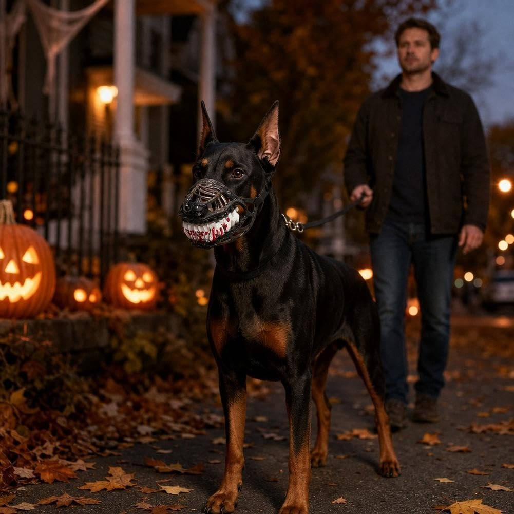 Halloween Red Teeth Dog Muzzle, Realistic Horror Mask with Breathable Anti Bite Basket Design for Cosplay