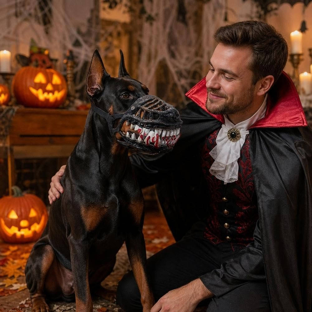 Halloween Red Teeth Dog Muzzle, Realistic Horror Mask with Breathable Anti Bite Basket Design for Cosplay