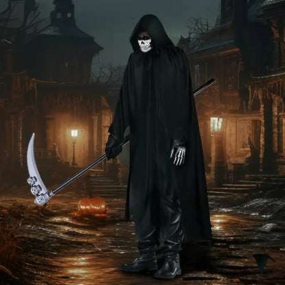 Grim Reaper Costume with Glowing Red Eyes and Skeleton Gloves, Three Piece Scythe