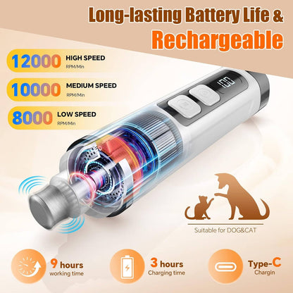 Electric Dog Nail Grinder, 3 Speed Quiet Pet Nail Clipper with LED Lights for Small, Medium & Large Dogs and Cats