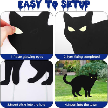 6 Pack Halloween Black Cat Yard Decorations, Waterproof Lawn Signs with Stakes and Glow in Dark Eyes for Outdoor Halloween Decor