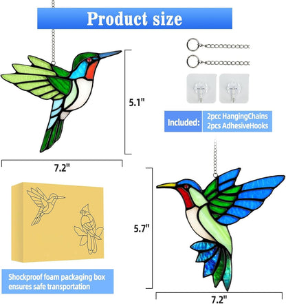 2 Pcs Hummingbird Stained Glass Window Hanging Suncatchers, Handmade Copper Foil Sun Catcher Decor