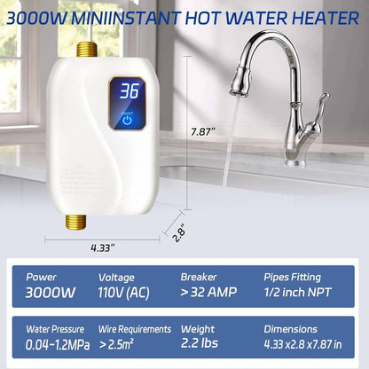 Water Heater Electric 110V, 3000W Instant Electric Water Heater, Under Sink on Demand Hot Water Heater with Digital Display