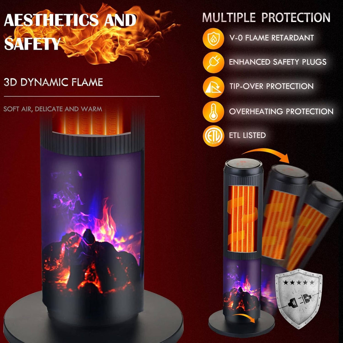 27" Ceramic Tower Space Heater, Electric Heater for Large Rooms with 3D Flame, Oscillation & Remote Control