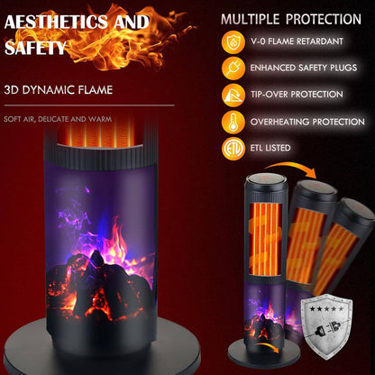 27" Ceramic Tower Space Heater, Electric Heater for Large Rooms with 3D Flame, Oscillation & Remote Control