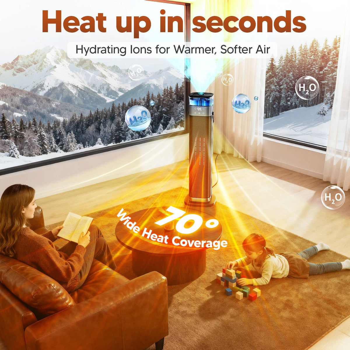 2000W Space Heater, 2 in 1 Ceramic Tower Heater with Humidifier and 3D Flame Effect for Large Room Bedroom Office Home