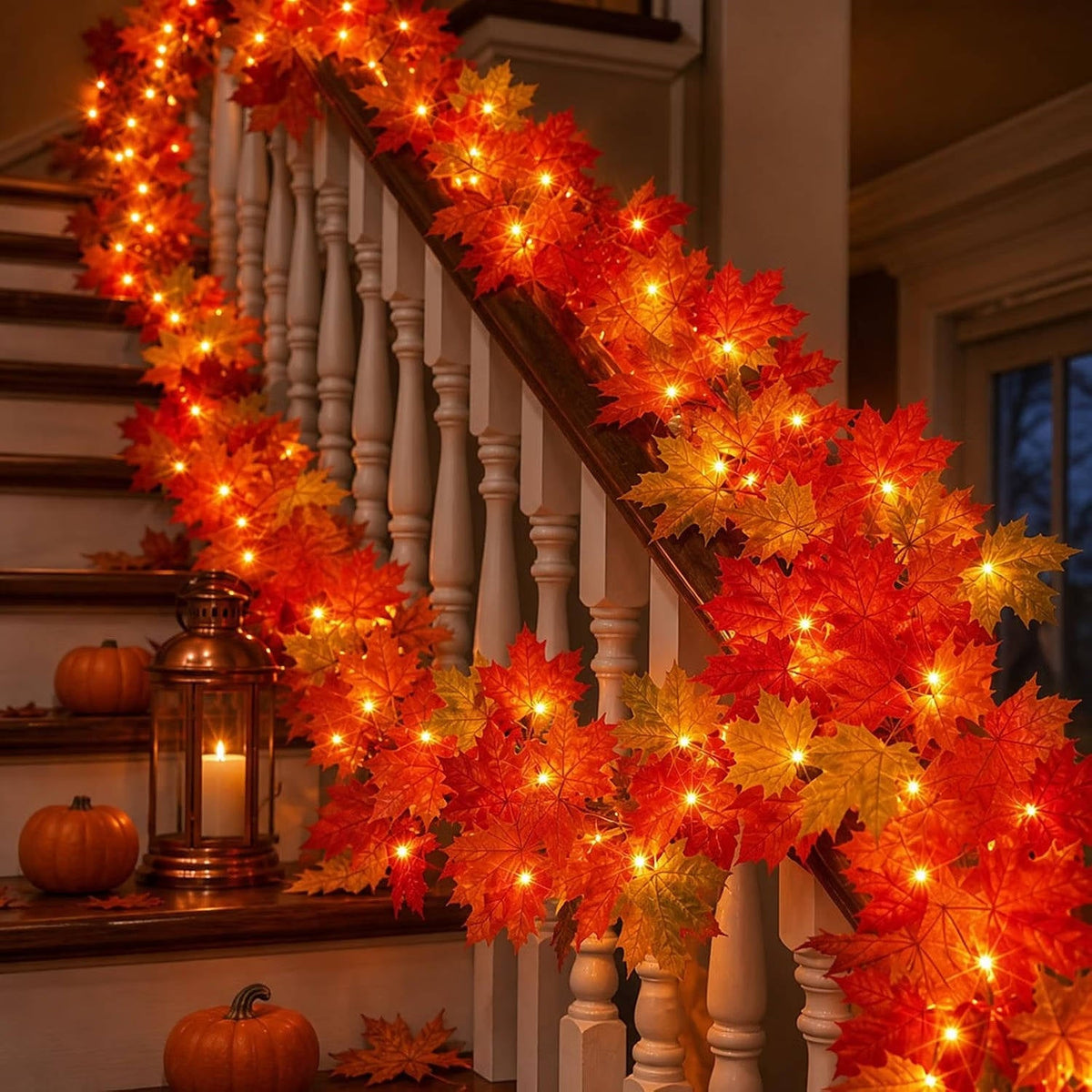 9FT Fall Garland with Lights, 50 Orange Incandescent Bulbs, Plug In Connectable Fall Lights for Indoor Outdoor Halloween Harvest Thanksgiving Decor