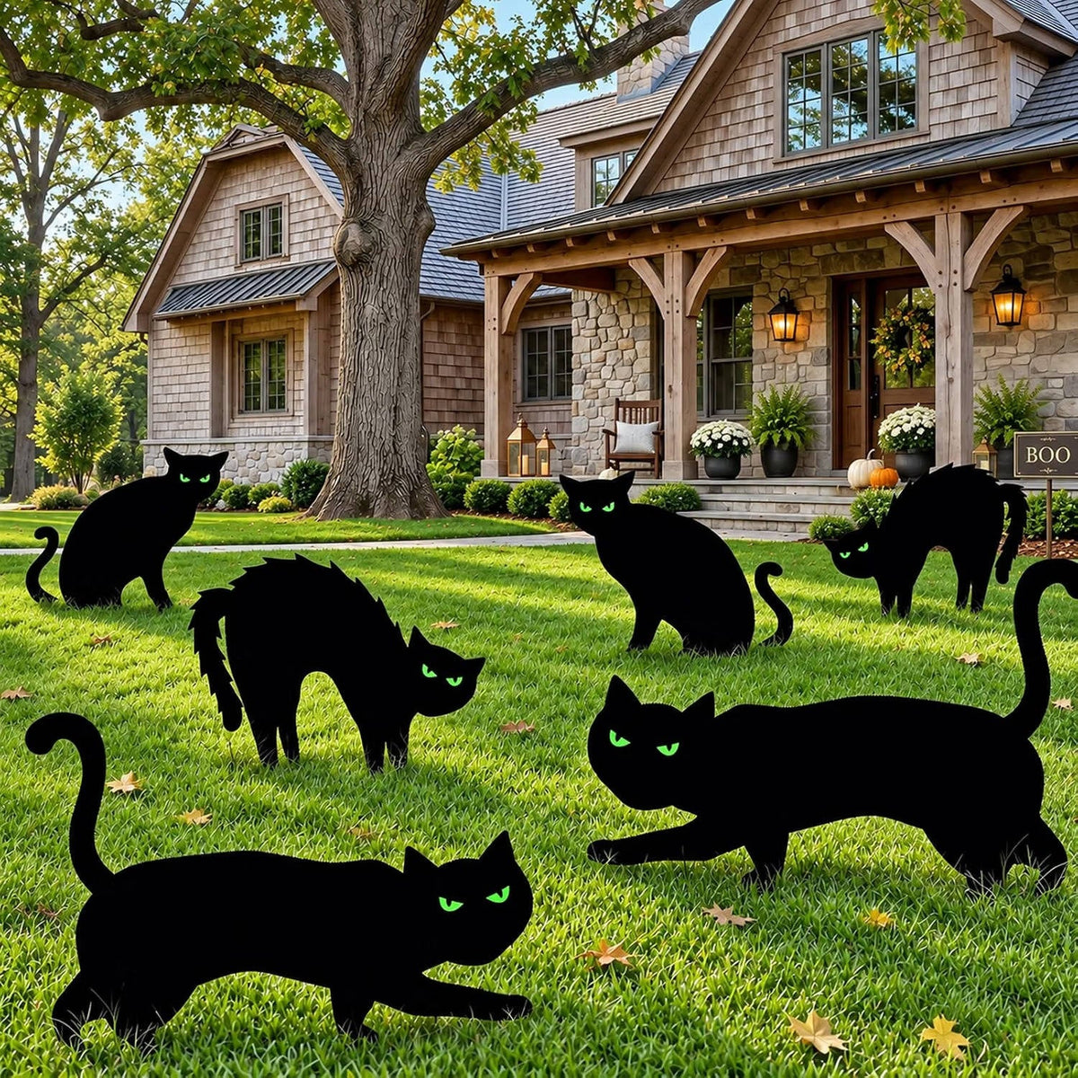 6 Pack Halloween Black Cat Yard Decorations, Waterproof Lawn Signs with Stakes and Glow in Dark Eyes for Outdoor Halloween Decor