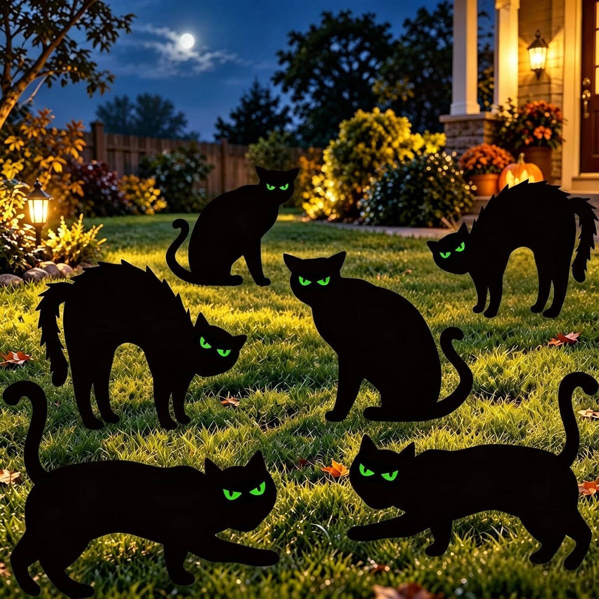 6 Pack Halloween Black Cat Yard Decorations, Waterproof Lawn Signs with Stakes and Glow in Dark Eyes for Outdoor Halloween Decor