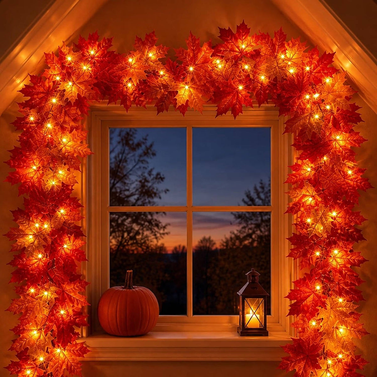 9FT Fall Garland with Lights, 50 Orange Incandescent Bulbs, Plug In Connectable Fall Lights for Indoor Outdoor Halloween Harvest Thanksgiving Decor